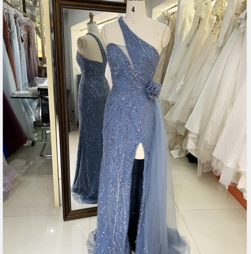 New one shoulder dresses with flower beading prom night elegant
