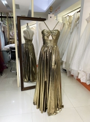 New sleeveless halter neck hole prom dresses metal fabric for girl