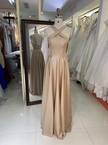 New sleeveless halter neck champagne prom dresses evening dress