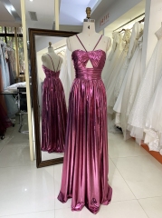 New sleeveless halter neck hole prom dresses metal fabric for girl