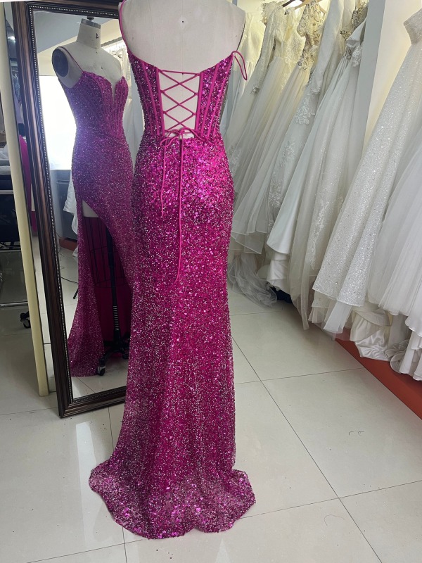 2024 New prom boning sequins dresses for girls wholesale fuchsia elegant
