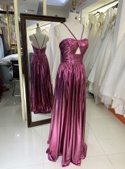 New sleeveless halter neck hole prom dresses metal fabric for girl