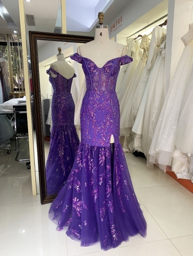 Off shoulder boning mermaid glitter prom dresses elegant for woman