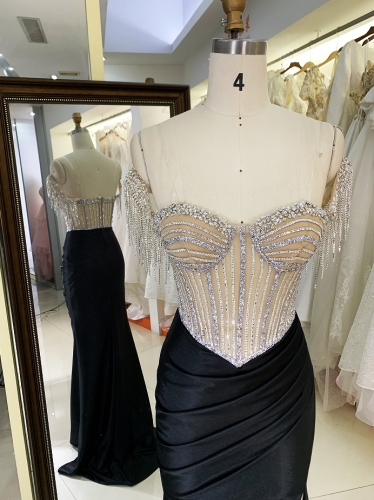 Black and nude tassel sleeve beading chain corset bodice satin hand pleated mermaid evening dresses