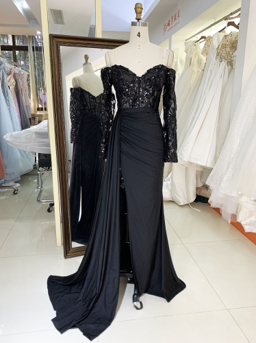 New luxurious elegant long sleeves sequin black off shoulder prom dresses women evening