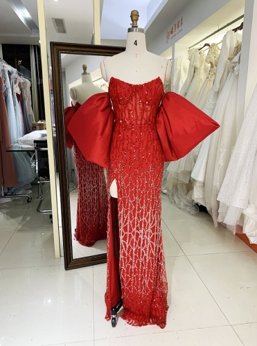 Red mermaid sleeveless sparkle fabric mermaid puff sleeve zipper up back prom evening dresses