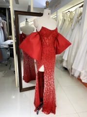 2024 red mermaid sleeveless sparkle fabric mermaid puff sleeve zipper up back prom evening dresses