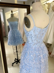 2024 Women new ruffle skirt light blue glitter short homecoming dress