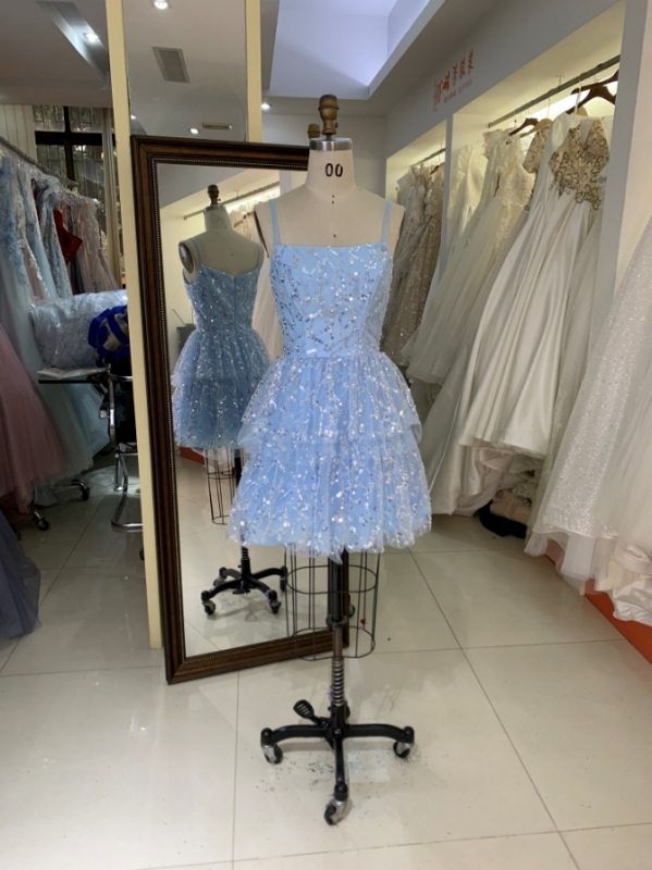 2024 Women new ruffle skirt light blue glitter short homecoming dress