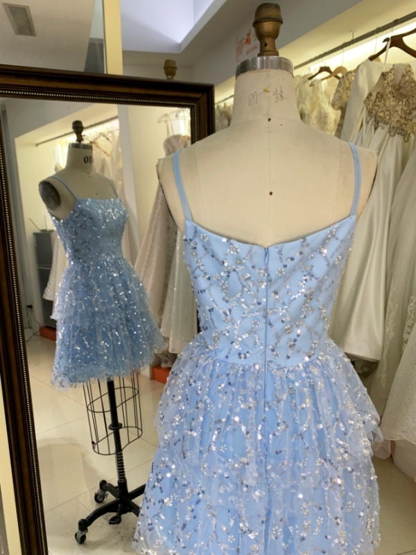 2024 Women new ruffle skirt light blue glitter short homecoming dress