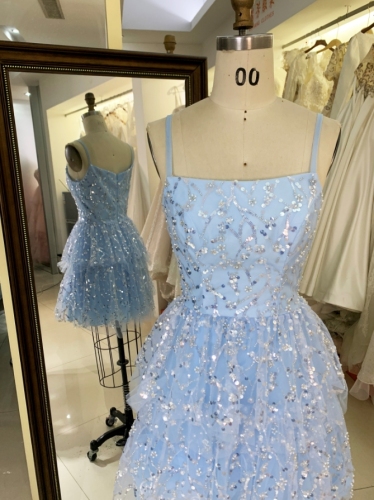 Women new ruffle skirt light blue glitter short homecoming dress