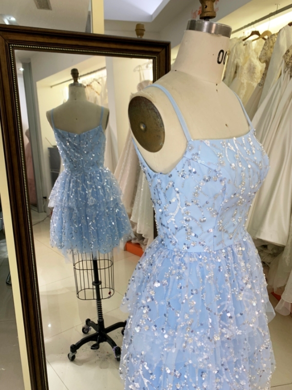 2024 Women new ruffle skirt light blue glitter short homecoming dress
