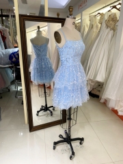 2024 Women new ruffle skirt light blue glitter short homecoming dress