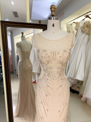 Champagne corset hand pleated beading rhinestone round neck mermaid evening mother of the bride dresses