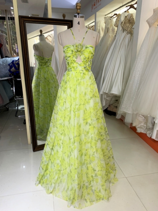 2024 yellow mesh flower printed sleeveless A line zipper up back prom dresses for ladies
