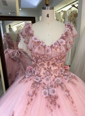 2024 New ruffle sleeves flower embroidered pink quinceanera dresses elegant