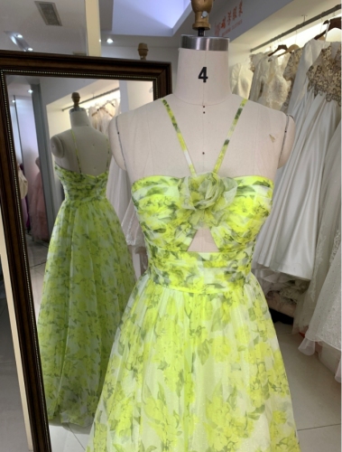 Yellow mesh flower printed sleeveless A line zipper up back prom dresses for ladies