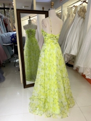 2024 yellow mesh flower printed sleeveless A line zipper up back prom dresses for ladies