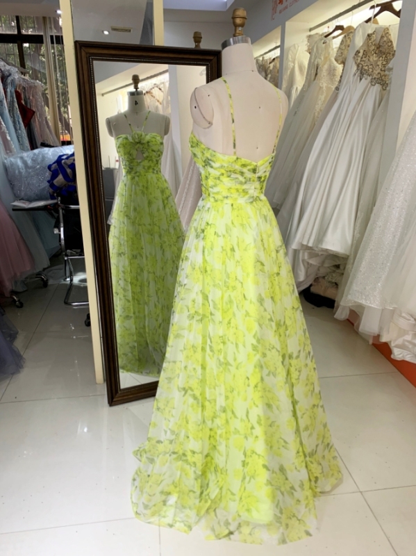 2024 yellow mesh flower printed sleeveless A line zipper up back prom dresses for ladies