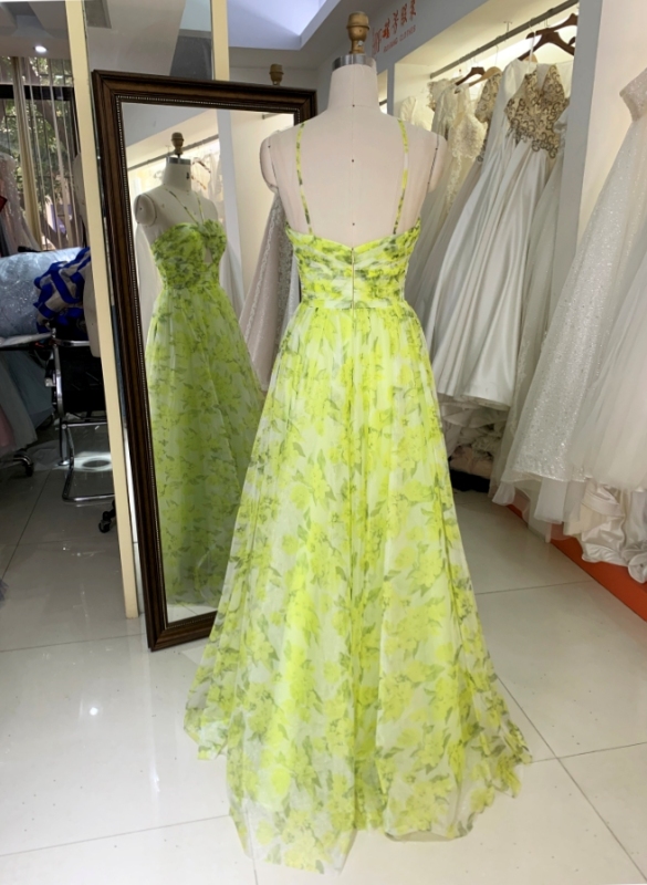 2024 yellow mesh flower printed sleeveless A line zipper up back prom dresses for ladies