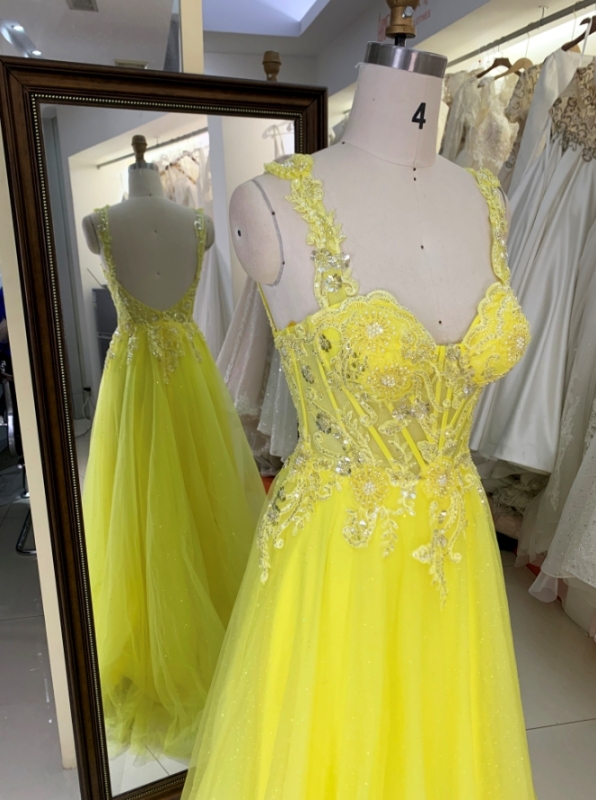 2024 yellow tulle embroidery corset sleeveless A line zipper up back prom dresses for ladies