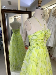 2024 yellow mesh flower printed sleeveless A line zipper up back prom dresses for ladies