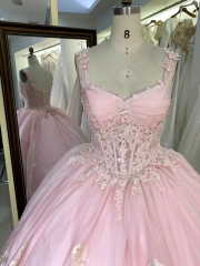 Pink new boning glitter embroidered quinceanera dresses sweet ball gown