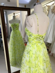 2024 yellow mesh flower printed sleeveless A line zipper up back prom dresses for ladies
