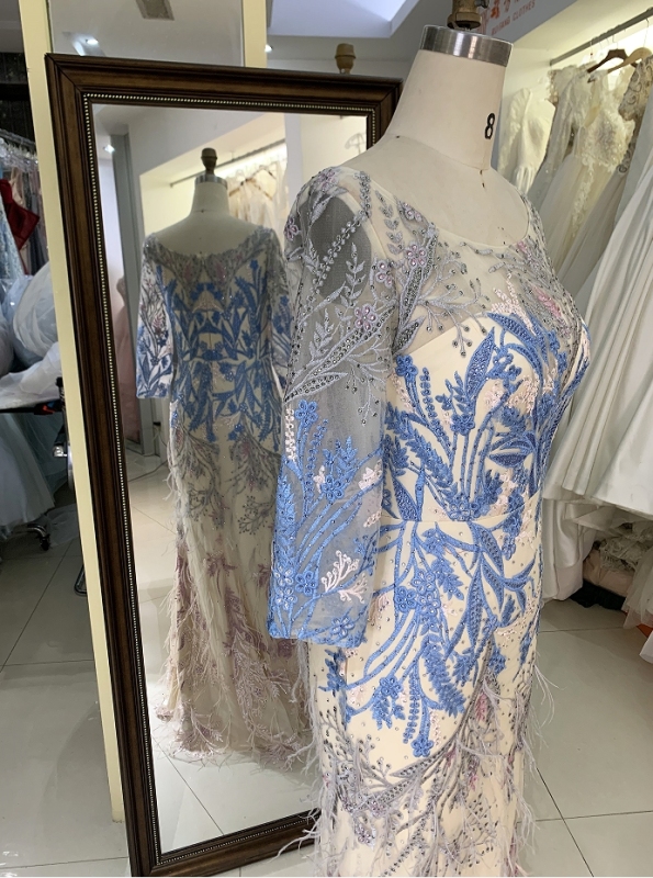 New elegant long sleeves lace feather dresses for mother of the bride