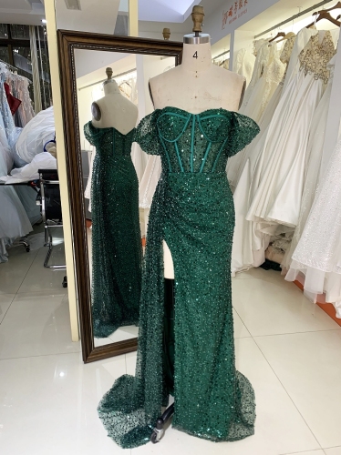 Emerald off shoulder glitter long mermaid elegant green prom dresses with side split