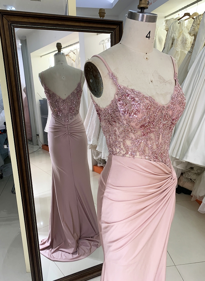 New twist skirt fitted pink embroidery long prom evening gown dress