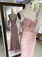 New twist skirt fitted pink embroidery long prom evening gown dress