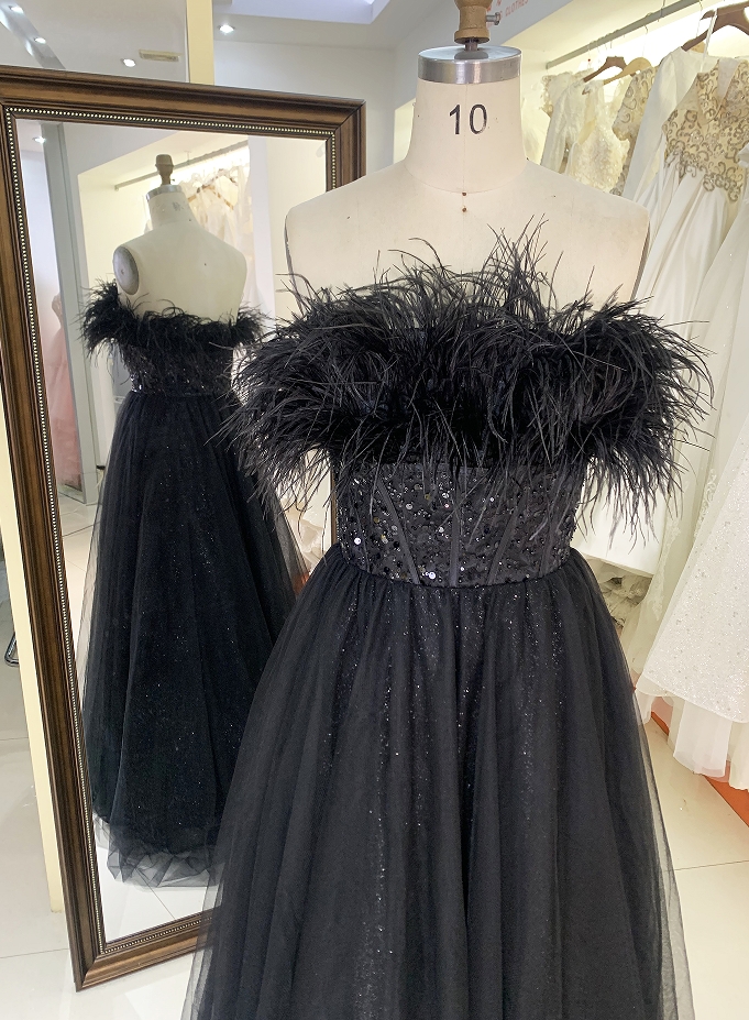 New prom dresses luxury feather glitter evening dress for young girl