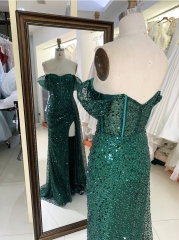 Emerald off shoulder glitter long mermaid elegant green prom dresses with side split