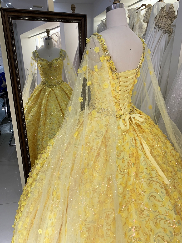 New flower yellow quinceanera dresses 15 ball gown for young girl