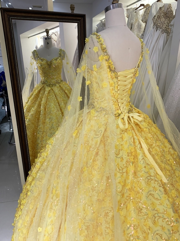 New flower yellow quinceanera dresses 15 ball gown for young girl