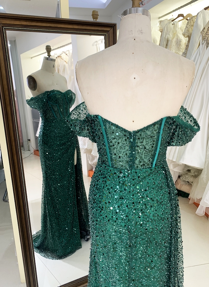 Emerald off shoulder glitter long mermaid elegant green prom dresses with side split