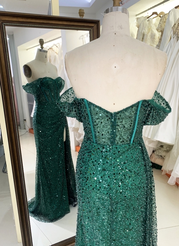 Emerald off shoulder glitter long mermaid elegant green prom dresses with side split