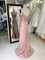 New twist skirt fitted pink embroidery long prom evening gown dress