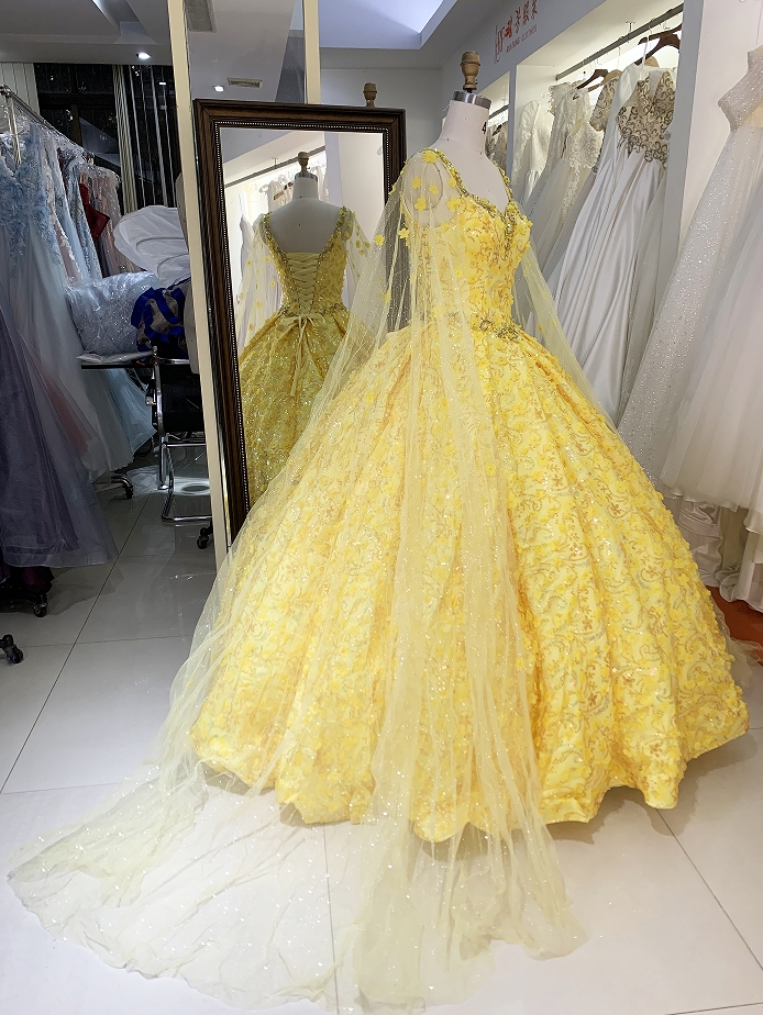 New flower yellow quinceanera dresses 15 ball gown for young girl