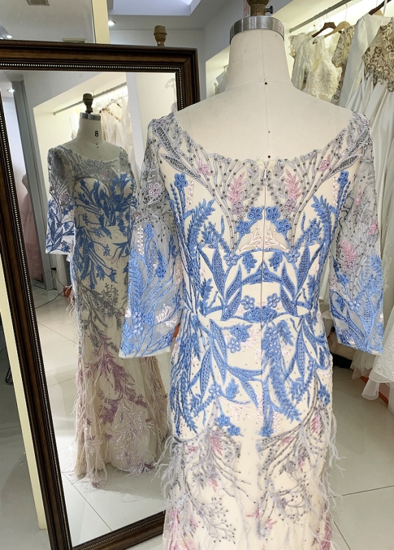New elegant long sleeves lace feather dresses for mother of the bride