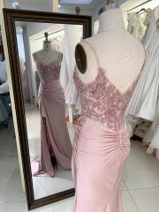 New twist skirt fitted pink embroidery long prom evening gown dress