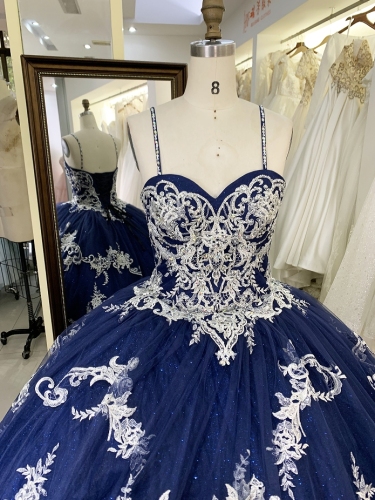 New navy gold embroidery quinceanera ball gown dress for woman