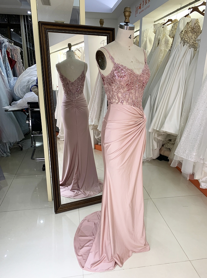 New twist skirt fitted pink embroidery long prom evening gown dress