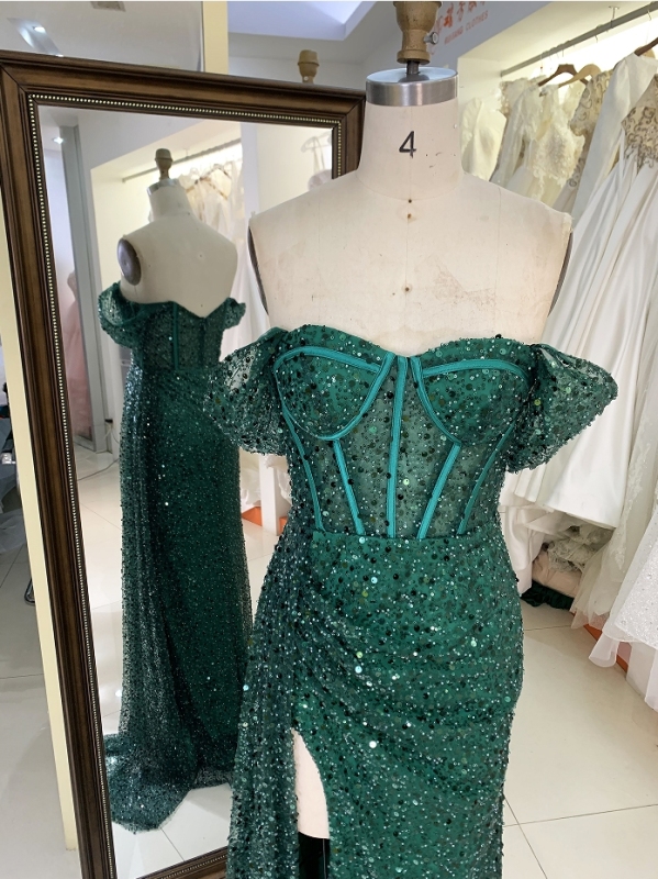 Emerald off shoulder glitter long mermaid elegant green prom dresses with side split