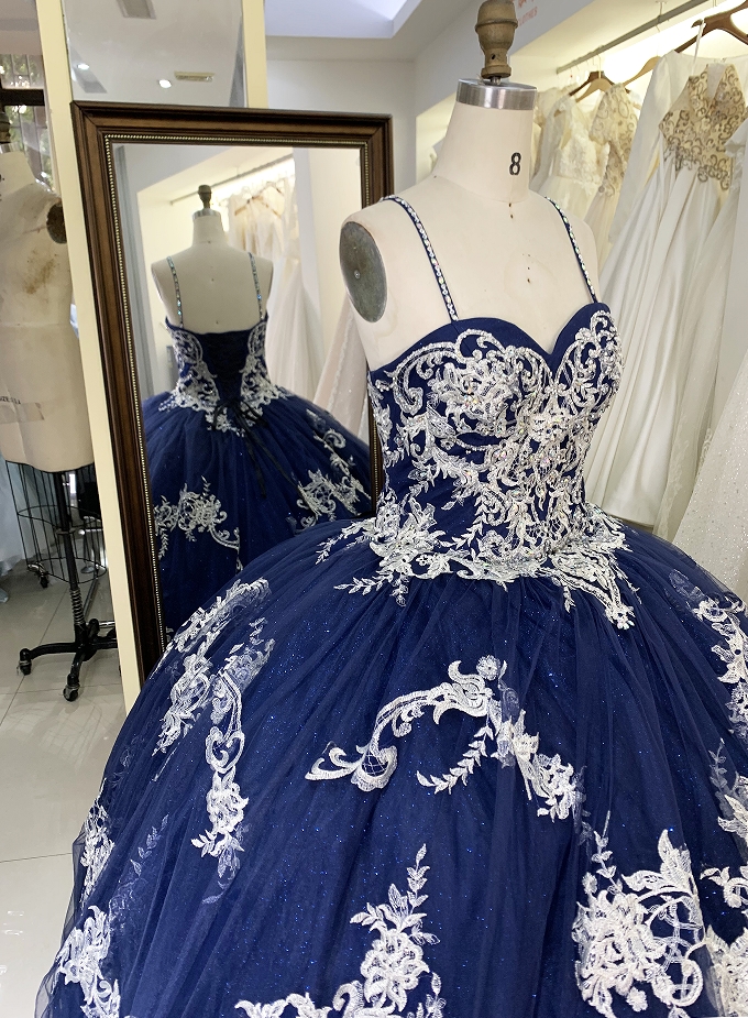 New navy gold embroidery quinceanera ball gown dress for woman