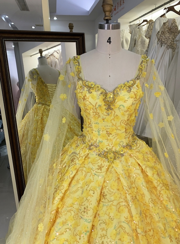 New flower yellow quinceanera dresses 15 ball gown for young girl