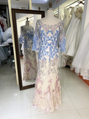 New elegant long sleeves lace feather dresses for mother of the bride