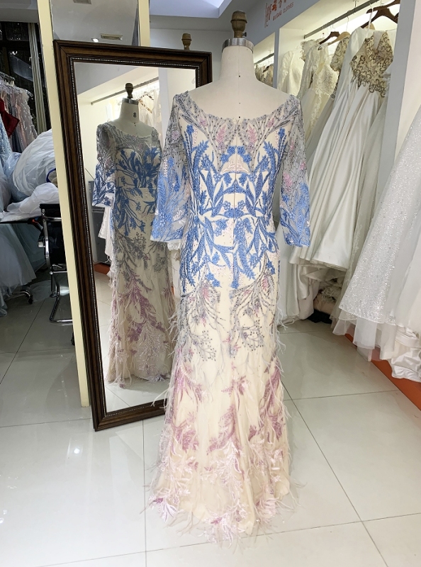 New elegant long sleeves lace feather dresses for mother of the bride