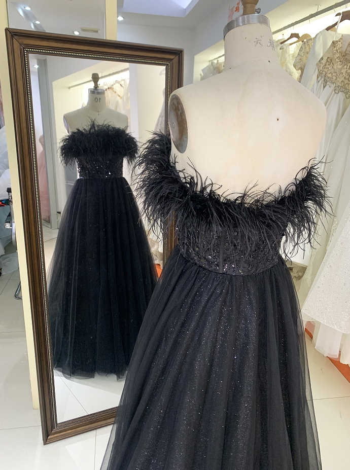 New prom dresses luxury feather glitter evening dress for young girl